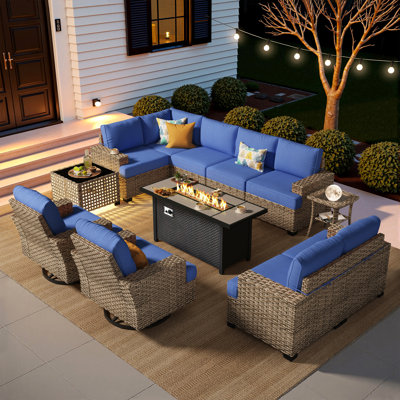 Tommy Wicker 9-person Modular Outdoor Sectional Seating Group With Swivel Chairs And Cushions, Patio Conversation Set With Fire Pit Table