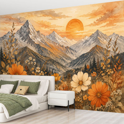 Papier peint adhésif peler et coller Fleurs d'automne ensoleillées, Paysage de montagne, Papier autocollant amovible, Décoration murale pour le salon Chambre à coucher H 69 po x l 96 po