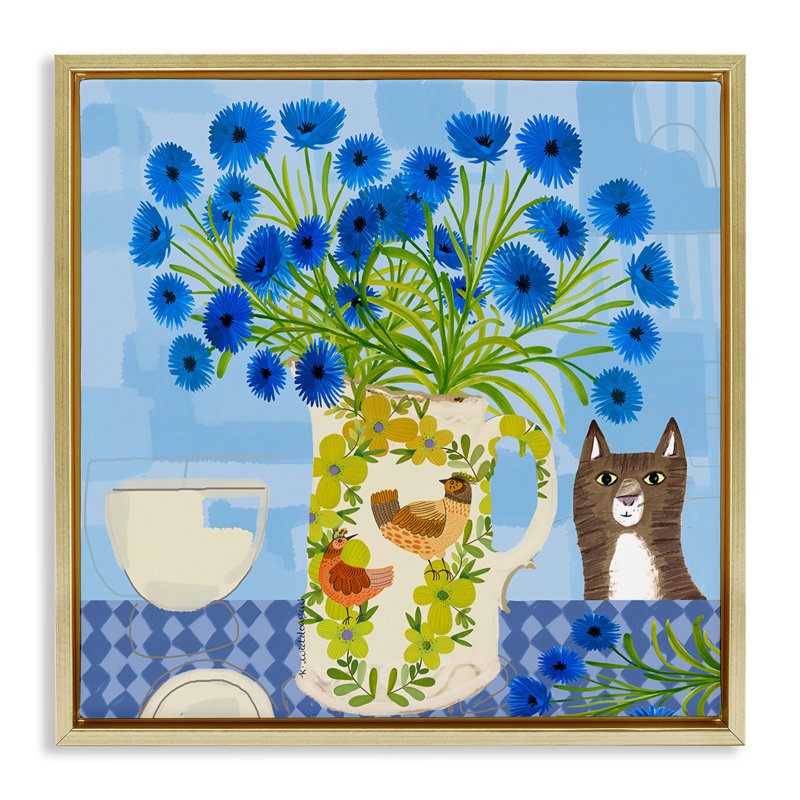 Cadre flottant Whimsical Jug of Cornflowers, design par Kay Widdowson, H 18 po x l 18 po, Cadre flottant métallique doré
