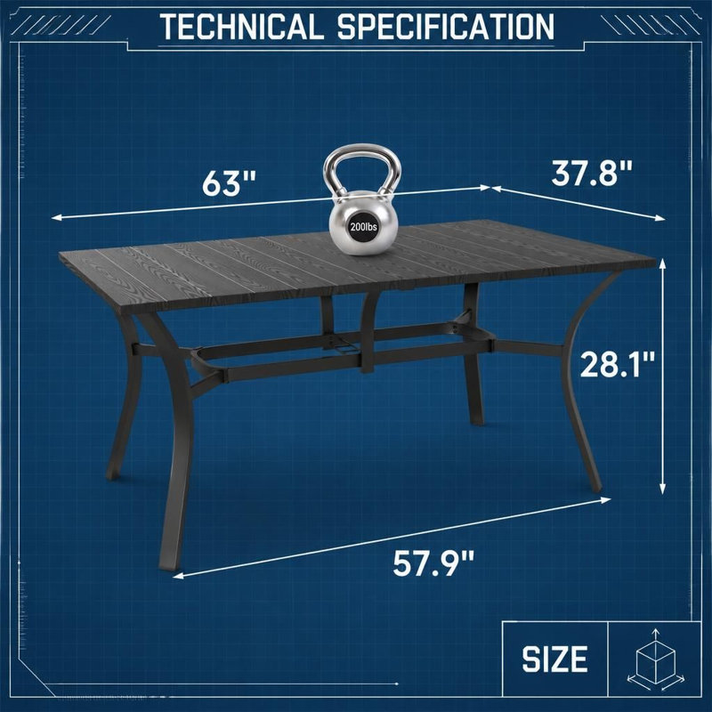 Table de salle à manger rectangulaire de style industriel moderne, pour une utilisation intérieure et extérieure, structure métallique robuste et plateau aspect bois rustique