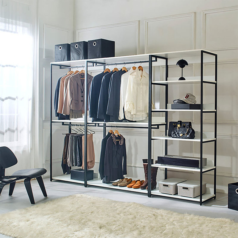 Fiona 111 In. W White Freestanding 3 Tower System 7 Shelf Walk In Wood Closet System With Metal Frame, White