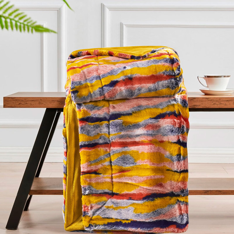 Jeté en fausse fourrure multi jacquard avec revers en microfibre lisse, Orange