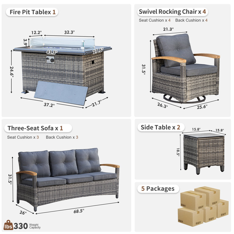 Ensemble de meubles de patio 8 pièces avec foyer d'extérieur Meissalivve, ensembles de conversation d'extérieur en osier avec 2 chaises berçantes pivotantes, canapé 3 places et table d'appoint (gris)