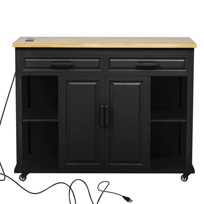 Extendable Kitchen Island With 47.2" Dimension, Rubber Wood Veneer Top, Storage Cabinets, Power Outlet, Mobile And Stationary Setup 47 - Inch Veneer, Drawers, Soft Close Hinges, For Use