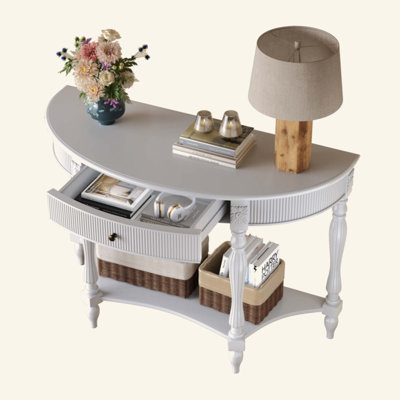 Console demi-lune en bois massif avec tiroir et tablette, table d'entrée incurvée cannelée rétro pour vestibule de salon de couloir, table de canapé à espace étroit avec pieds romains sculptés