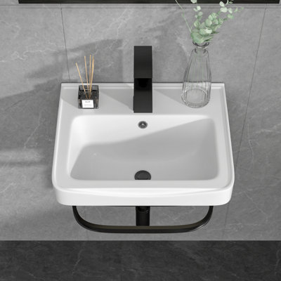 17 In White Wall Mounted Bathroom Sink Rectangular Bathroom Sink With with Matte Black Faucet and Towel Rack