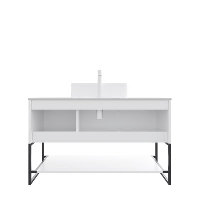 TULIO 48" Freestanding Carrara White Sintered Stone Counter Top And Cabinet With 3 Doors And Open Shelf