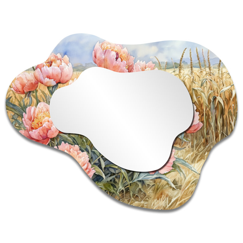 Miroir décoratif asymétrique, pivoines, campagne, imprimé sur métal, 27 po x 35 po