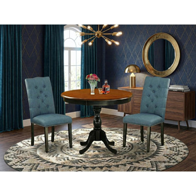 3-Pc Dining Table Set Includes a Wooden Dining Table and 2 Blue Linen Fabric Parson Chairs with Button Tufted Back - Black Finish