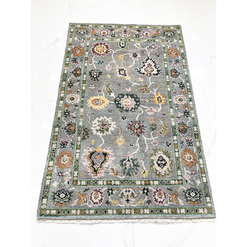 Tapis oriental gris et gris en laine noué à la main 4 pi x 6 pi