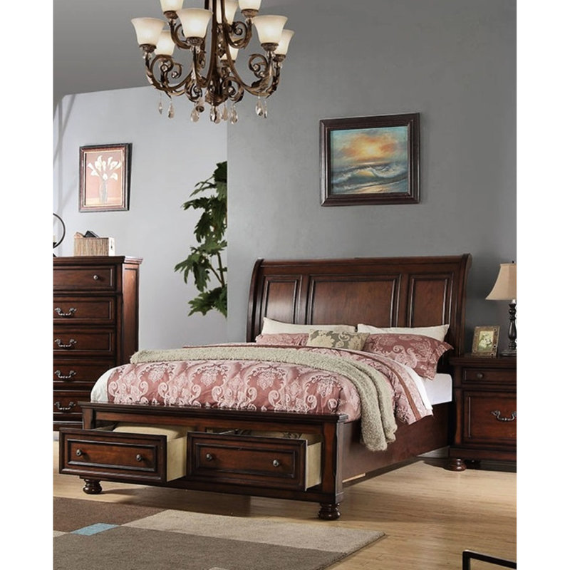 Grand lit de style traditionnel avec tête de lit en placage de cerisier et tiroirs pour la chambre à coucher, fabriqué à partir d'une tête de lit de pin en panneau de particules, finition en pin et contreplaqué