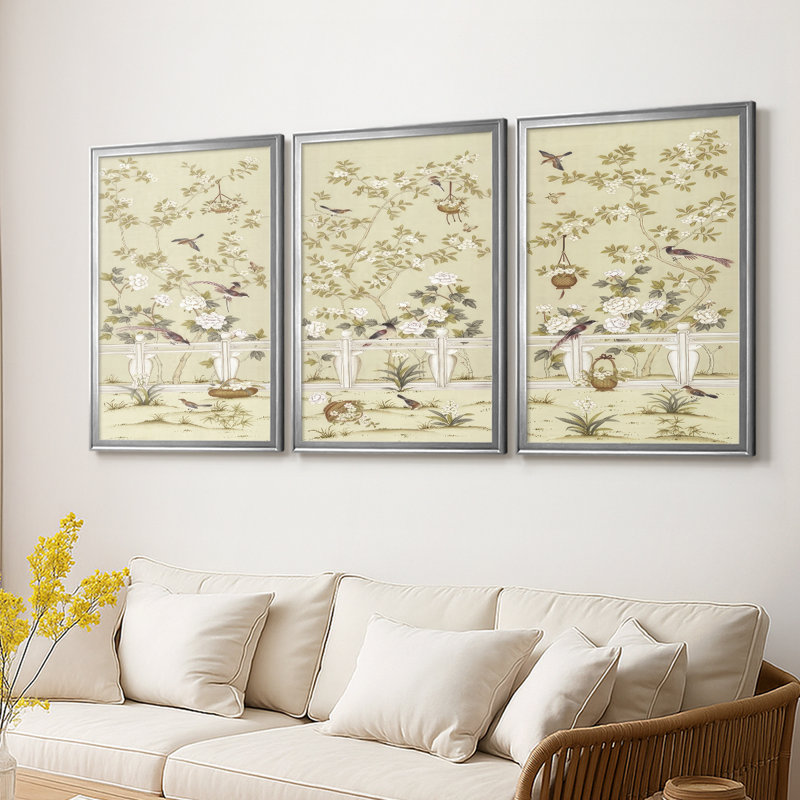 Adriana Classic Chinoiserie I - Toile tendue avec châssis sur mesure - 3 pièces, Argent argent