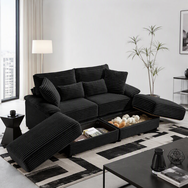 Ensemble de méridienne double avec pouf réversible, tissu velours côtelé doux, rangement, port USB, siège/table multifonction pour salon