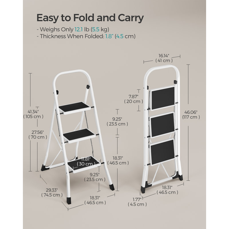 3 - Step Steel Folding Step Stool, White/Black