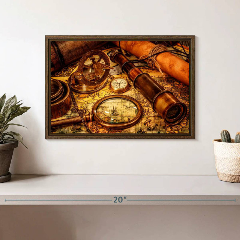 Old Nautical Navigation Tools, 13" X 9", Floating Frame Walnut