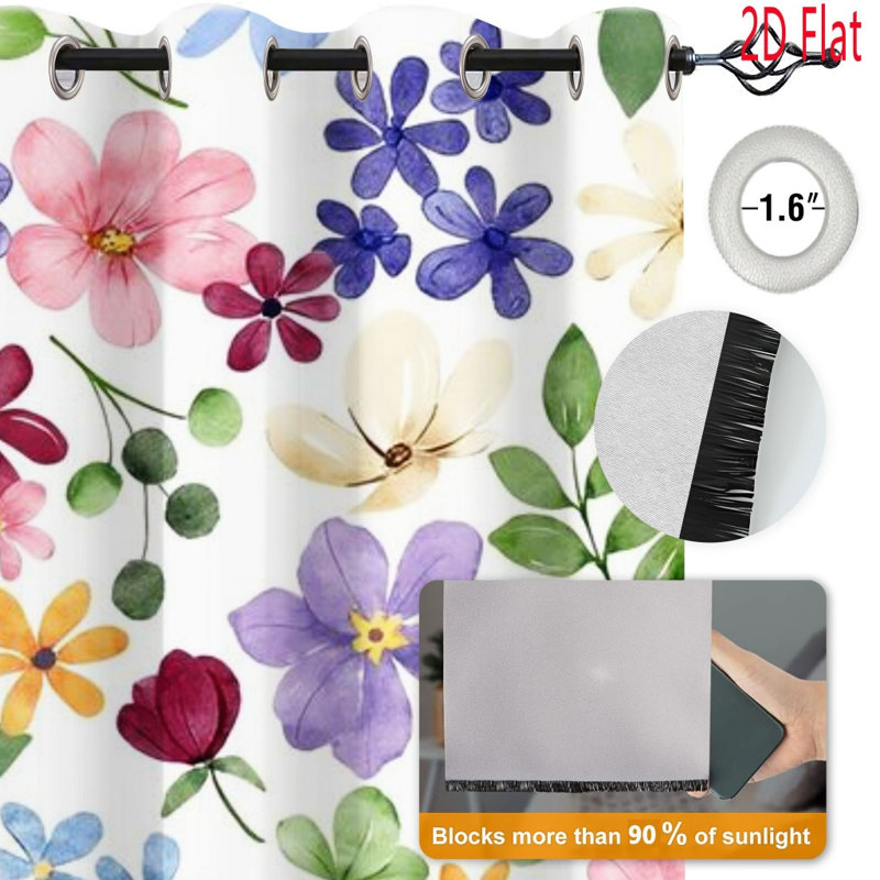 2Pcs Floral Print Blackout Curtains, Watercolor Flower Pattern  Thermal Insulated Noise Reducing Room Darkening Window Drapes for Living Room Bedroom Kitchen Decor