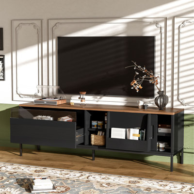 Meuble télé moderne avec espace de rangement, portes coulissantes, tablettes réglables et structure en métal