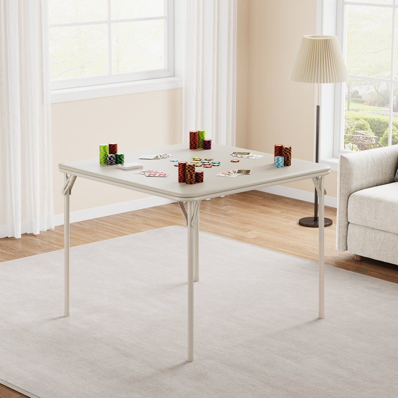 Folding Table, 33.6-Inch Portable Square Folding Card Table,  Metal Folding Table With Pu Soft Cushion 4 Chairs, Cream