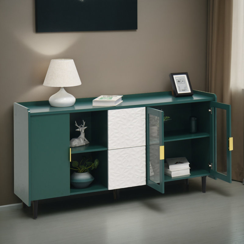 Console 59 "en bois avec 2 tiroirs et armoires, Vert