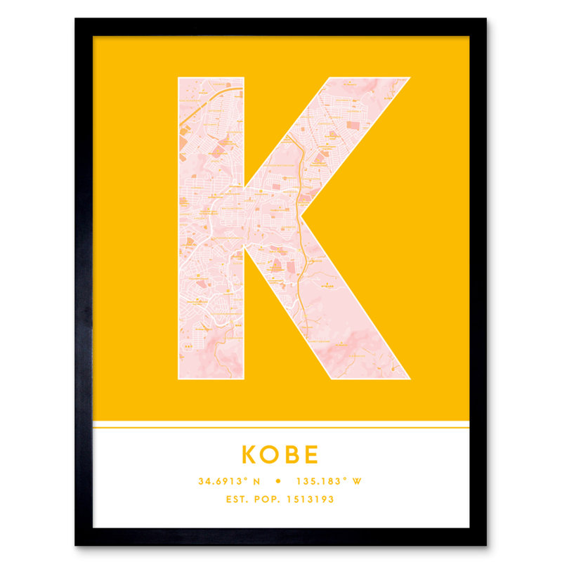 Kobe City Map Kobe Yellow by Wee Blue Coo - Single Picture Frame Typography
