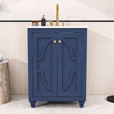 Meuble-lavabo de 24 po avec lavabo en céramique intégré, portes d'armoire à fermeture en douceur et conception à dossier ouvert