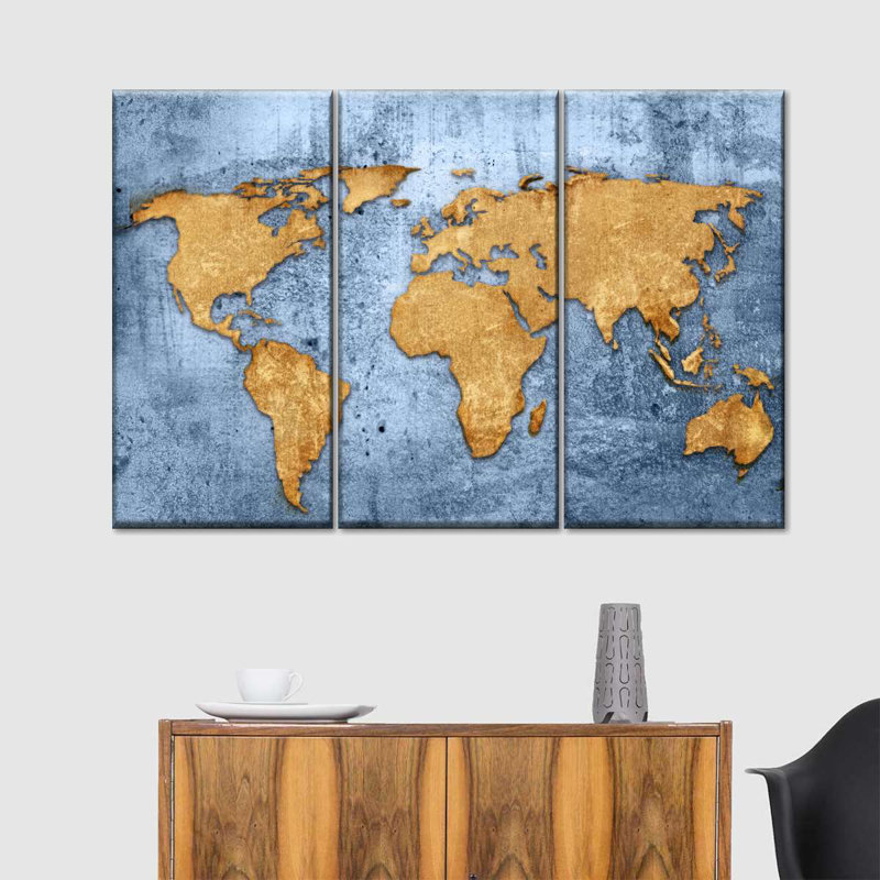 «Azure World Map Wall Art», reproduction d'art sur toile, H 24 po x l 38 po x P 1,25 po