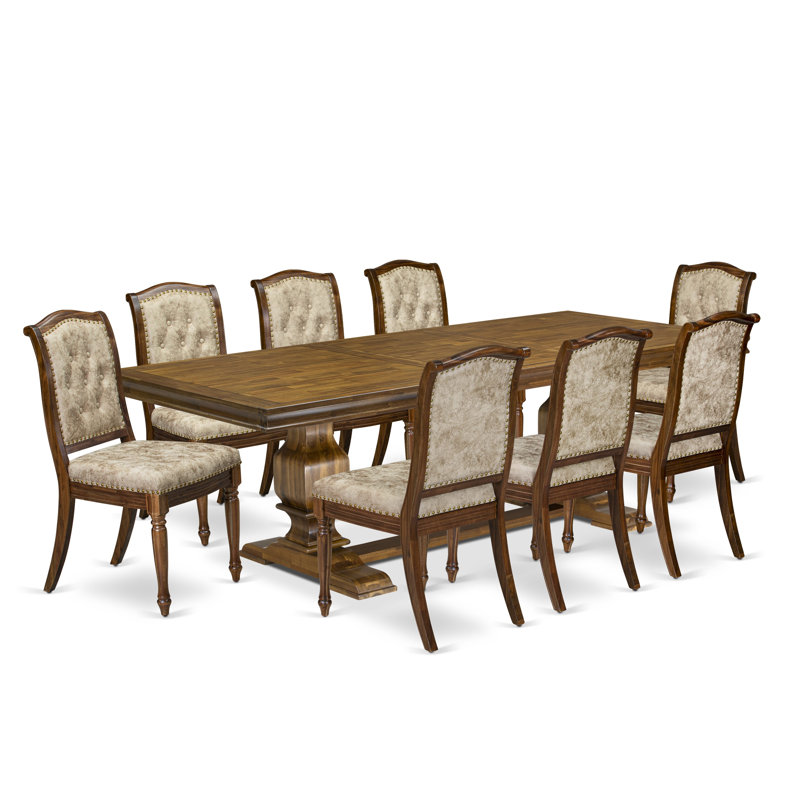 L'ensemble de salle à manger 9 pièces comprend une table de cuisine rectangulaire et 8 chaises de salle à manger modernes en cuir de polyuréthane beige clair, finition noyer antique