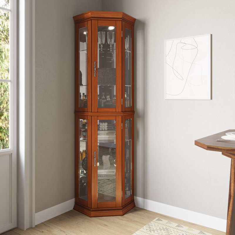 21.5" W Lighted Corner Curio Cabinet, Oak