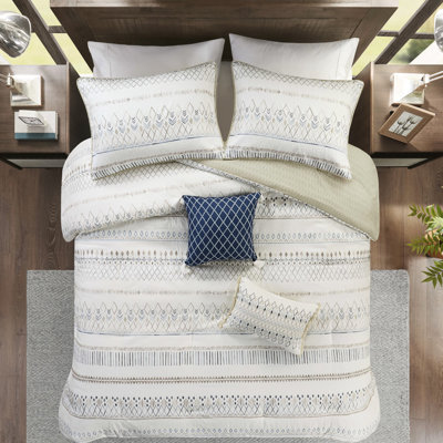 Comforter Full/queen - Seersucker Print Blue Taupe 2 Shams & Pillows Machine Washable Bedding 5 Piece Printed Geometric Filling And