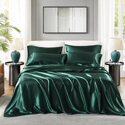 Draps simples en satin - grand-froissé, convient aux matelas de 16 po, 1 drap plat, 4 taies d'oreiller ajustées, Splendeur soyeuse,, Drap-housse pur, Finition,