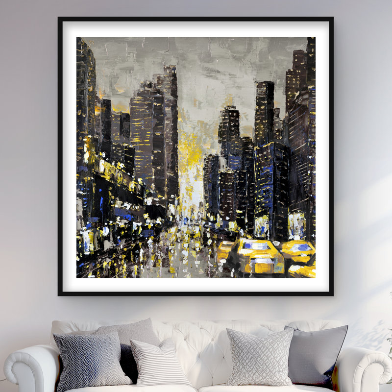 Ville abstraite et texturée | «Yellow Taxis», reproduction encadrée, Grey;Yellow;Black, Noir