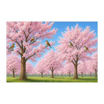 Cherry Blossom Wall Mural, Peel and Stick Self Adhesive Wallpaper, Pink Sakura Trees with Songbirds, Satin Finish Removable Wall Decor for Bedroom, Nursery and Living Room, 65"W x 96"H