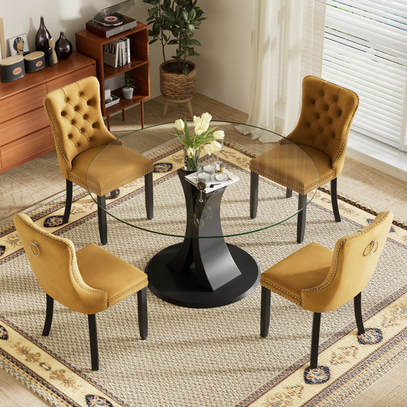 4-Piece Round Pedestal Dining Set, Yellow, 29.5" H x 39.7" W x 39.7" D, Clear