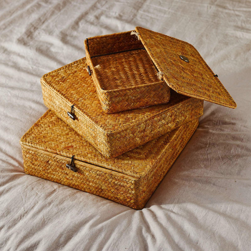 4-Piece Seagrass Storage Basket Set, Woven Organizer Boxes with Lids