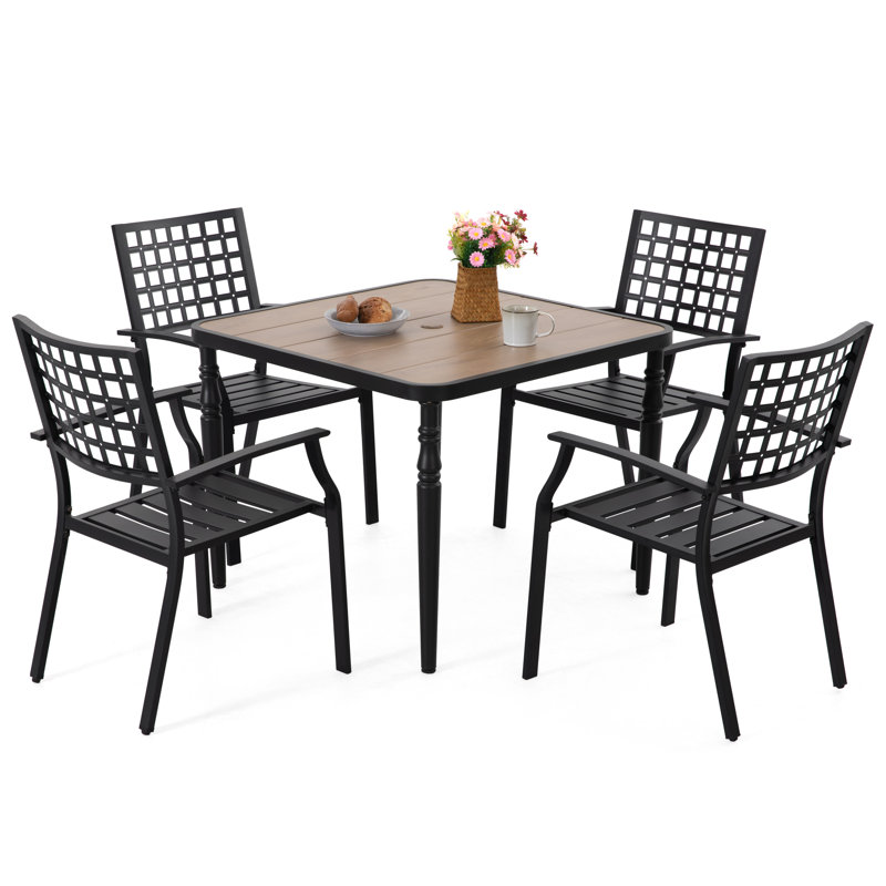 5-piece Patio Outdoor Metal Dining Set With Umbrella Hole, Brown