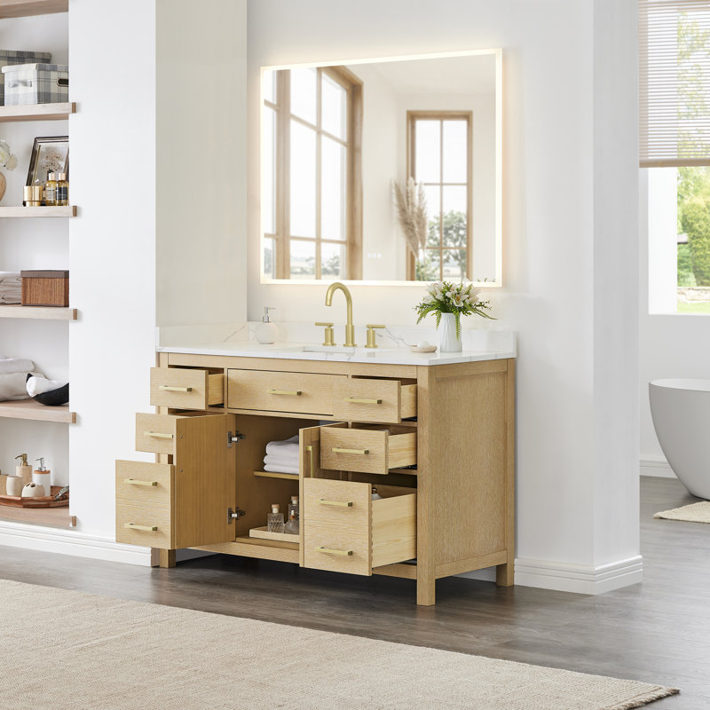 Beckett 54" Freestanding Single Bathroom Vanity with Quartz Top, Whitewashed Oak, Brushed Gold, Giotto Quartz