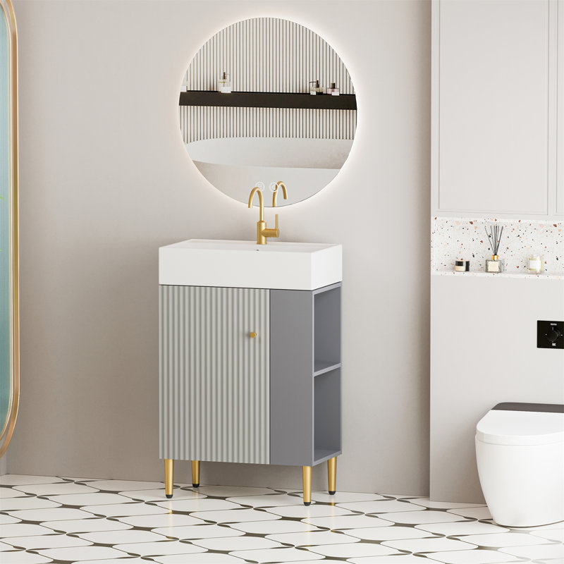 Meuble-lavabo à tablettes ouvertes 21,6 po avec évier en céramique et porte à fermeture en douceur, Gris