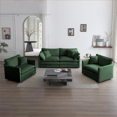 Sofas Couches | 3 Piece Space Saving Set for Living Room Bedroom Home Office | Solid Wood Frame | Chenille|Green