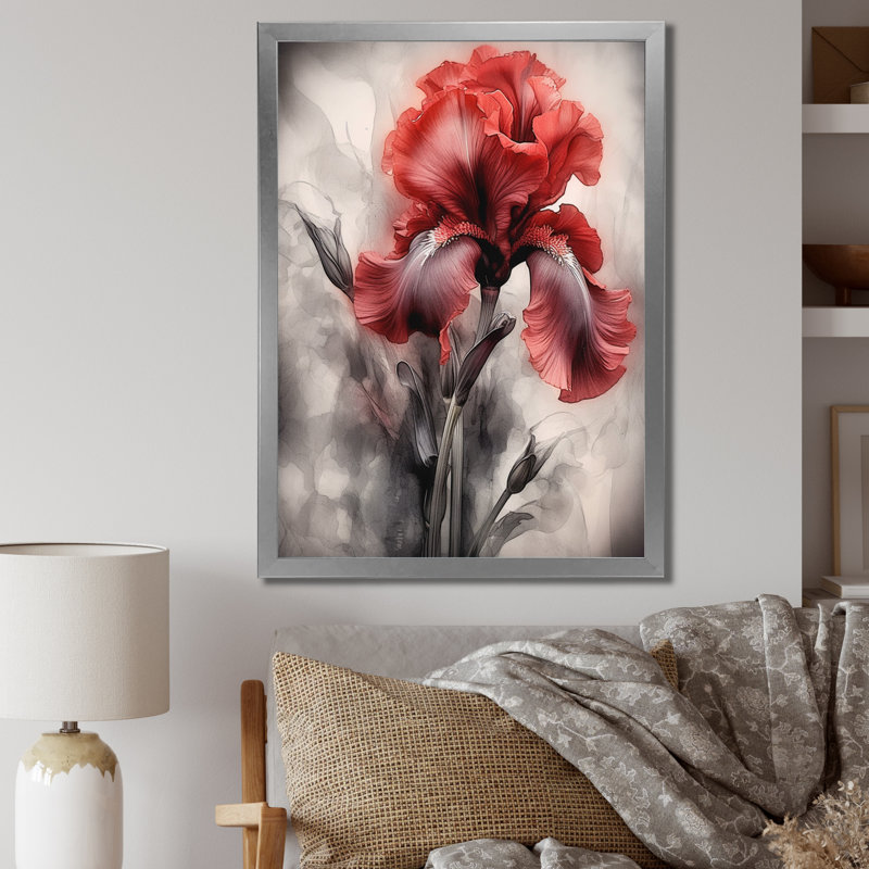«Red Black Iris Petal II», reproduction sur toile, H 40 po x l 30 po x P 1,5 po, Cadre photo argenté