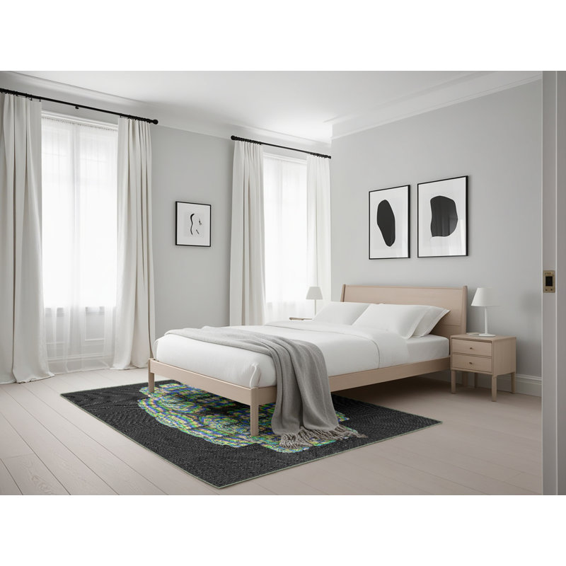 Tapis noir/vert tissé à la machine, Rectangle 5 pi x 7 pi