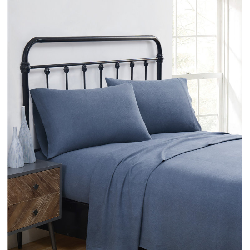 Traditional Cozy 100% Cotton Flannel Sheet Set, Queen Sheet Set + Fitted Sheet + 2 Pillowcases, Blue