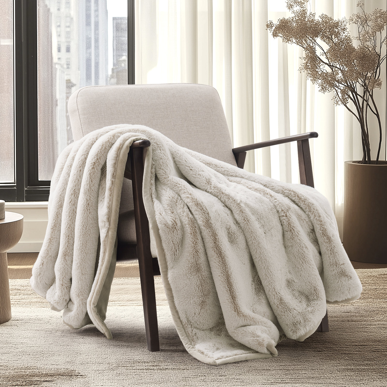 Luxury Mink Faux Fur Throw Blanket, Tipped Champagne Ivory, 50" W x 60" L