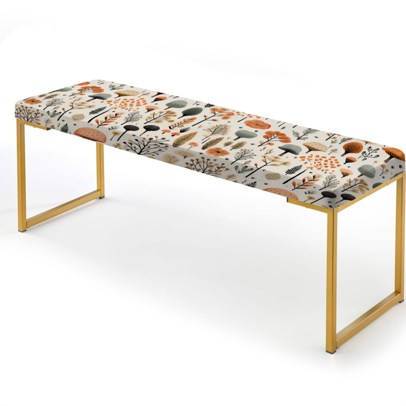 Botanical Upholstered Gold Bench, Orange And Gray Serene Woodland Charm