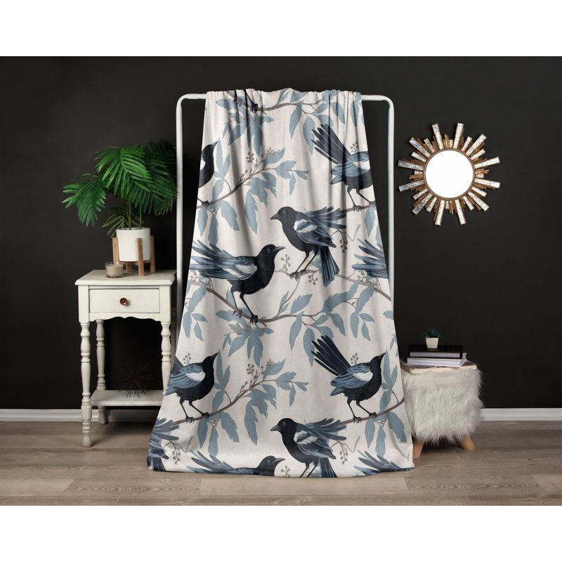 Throw Blanket, 68" W x 80" L, Animal Print/Floral, Blue/Black/Gray