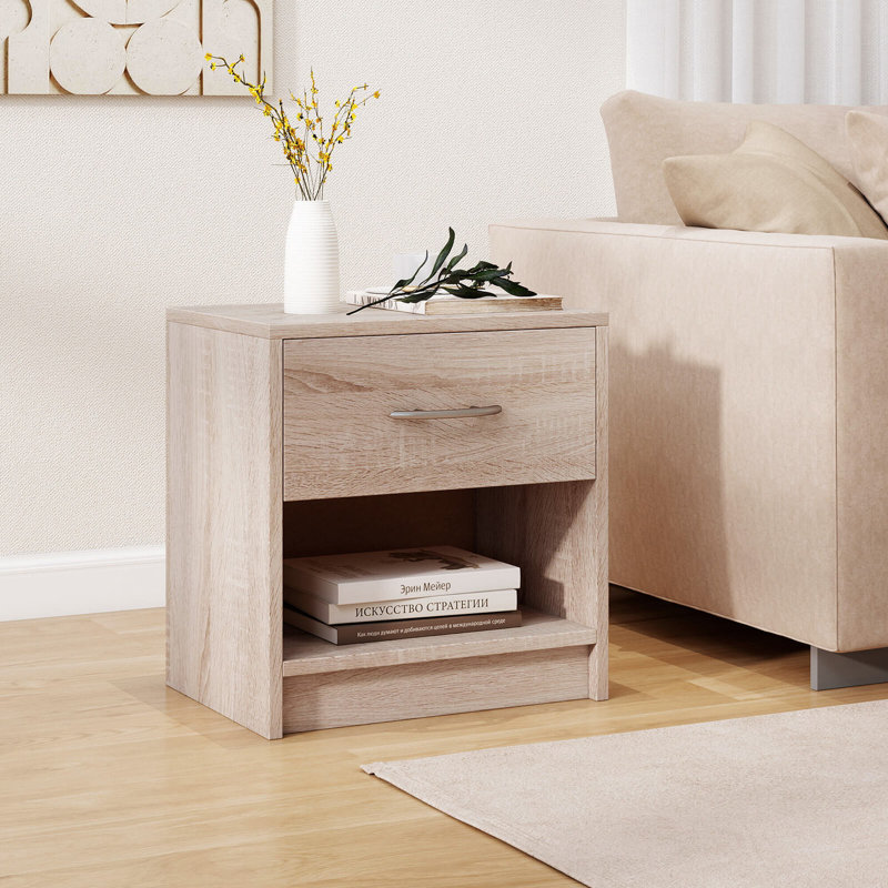  Modern Nightstand Bedside Table With Drawer Open Storage Shelf For Small Spaces , Natural