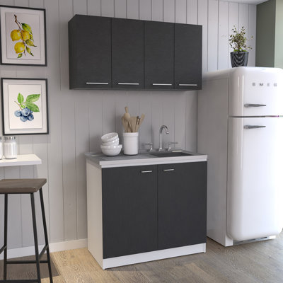 2-Piece Kitchen Set, Wall Cabinet + Utility Sink Cabinet, Wenge and White
