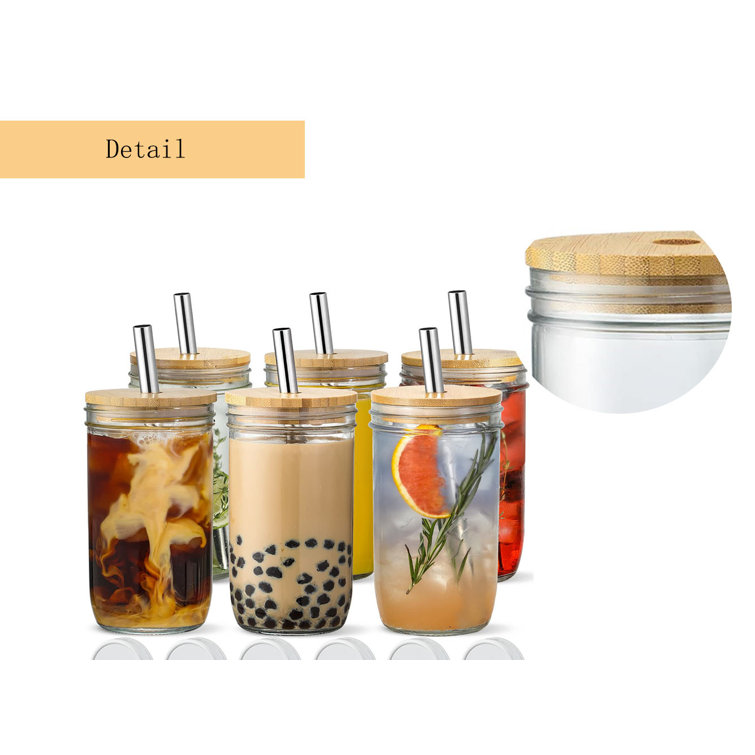 Glass Cups Set, Wide Mouth Mason Jar Glass Cups With Bamboo Lids
