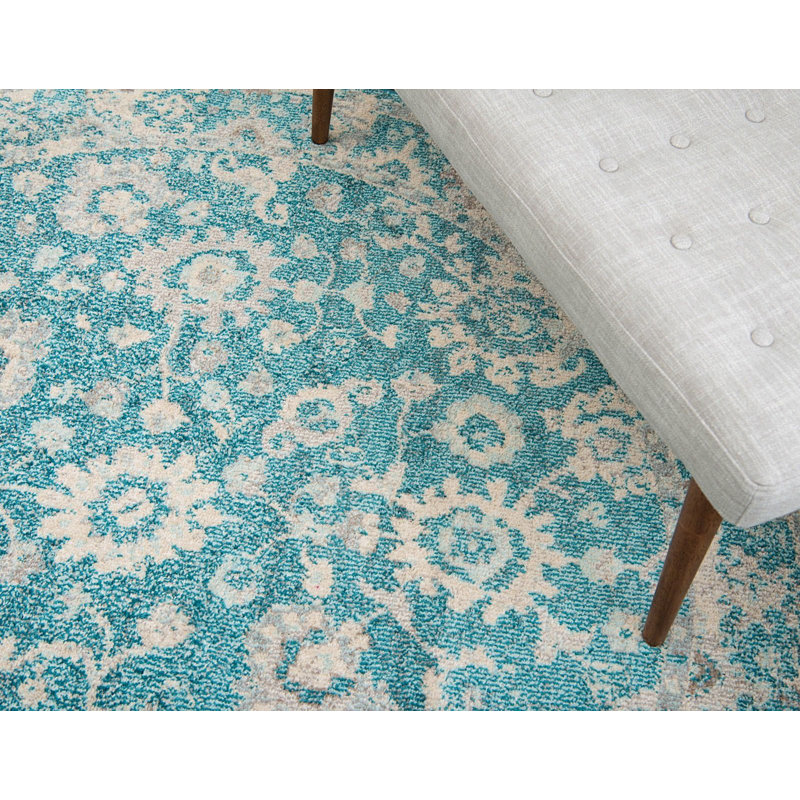 Tapis turquoise / gris Kalf, Carré 8 pi