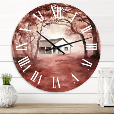 House in Red Autumn Woods - Horloge murale Cabin & Lodge