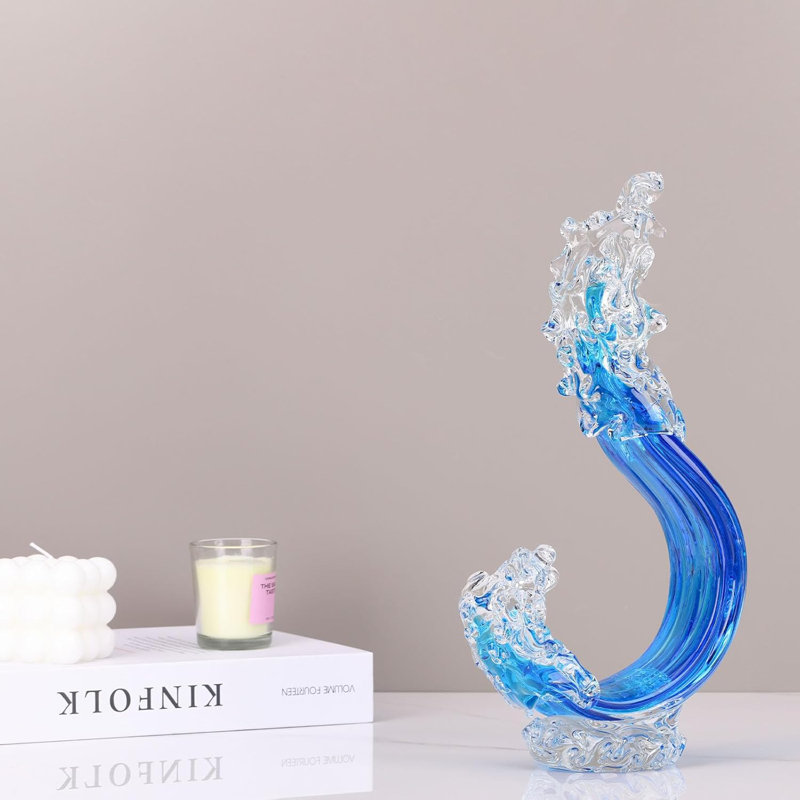 Sculpture vague bleue en verre bleu océan